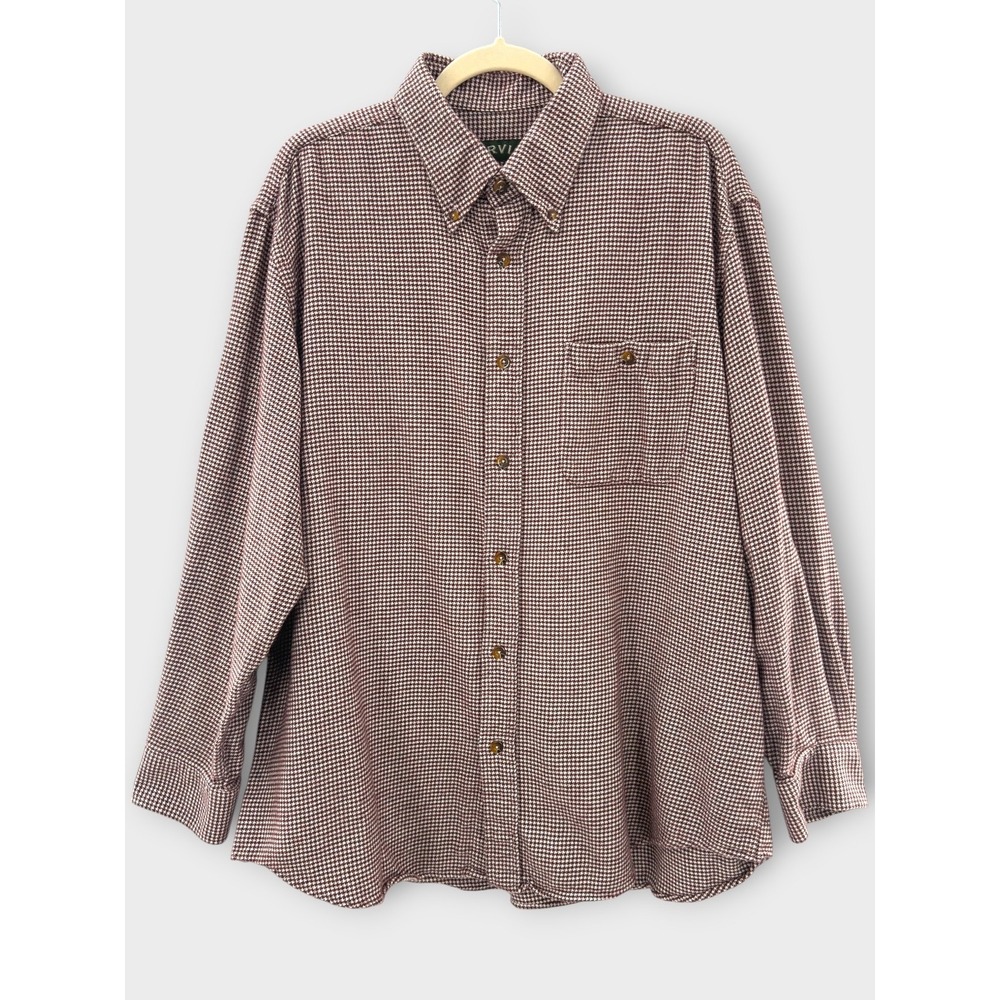Orvis XL Houndstooth Button Down Shirt Burgundy White Cotton Classic Fit Rugged